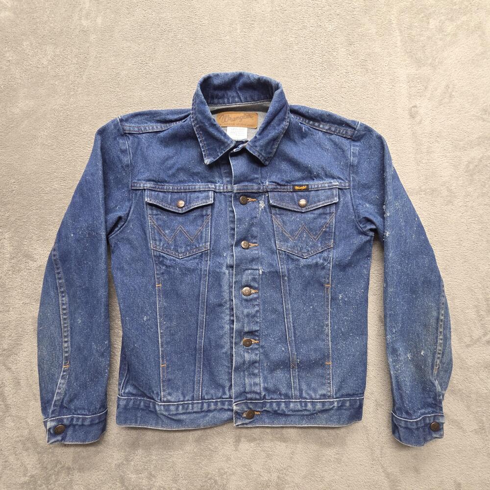 Wrangler Jacket Mens S Blue Denim Bomber Collared Button Pockets Distressed